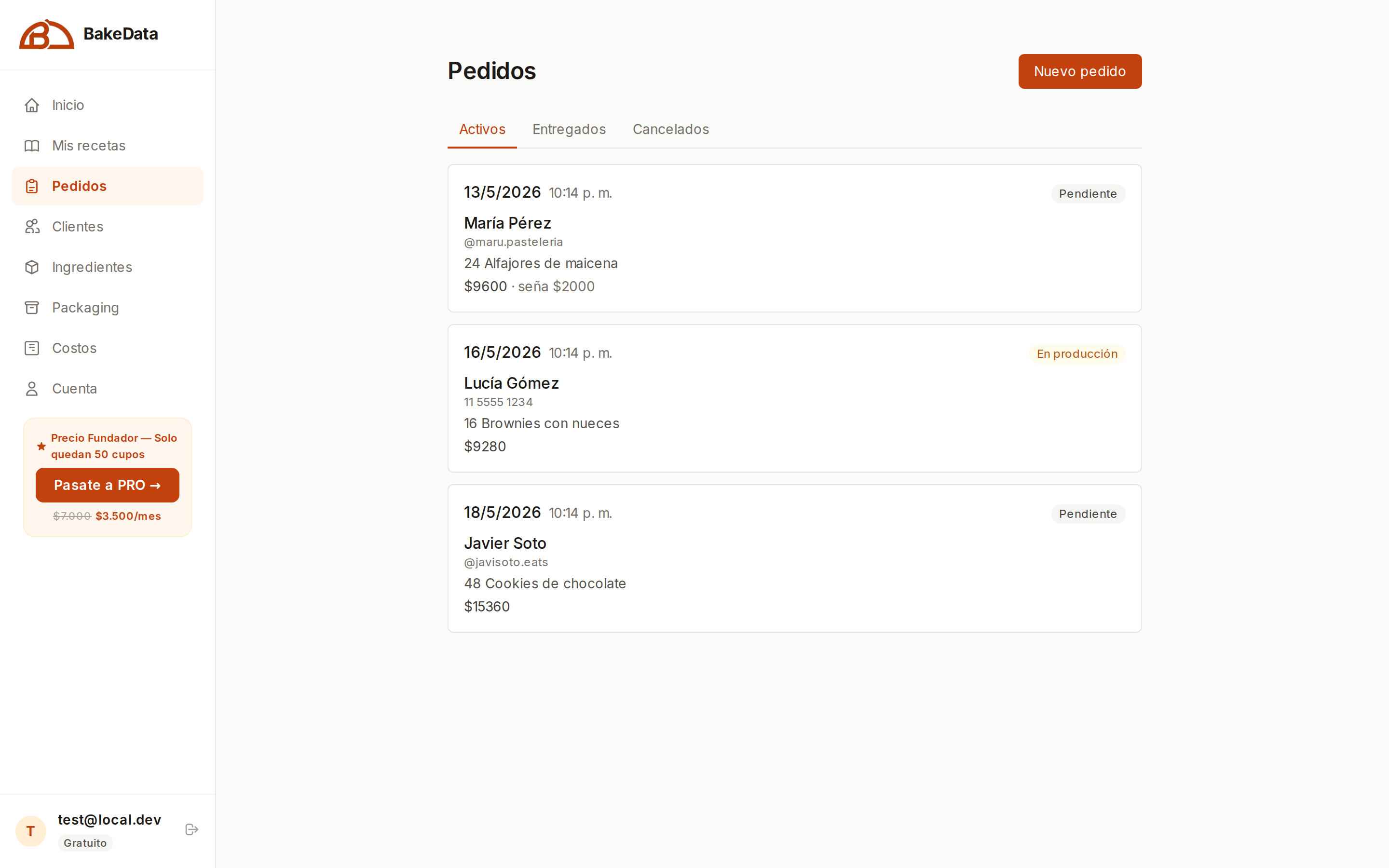 Listado de pedidos activos con clientes, fechas y montos